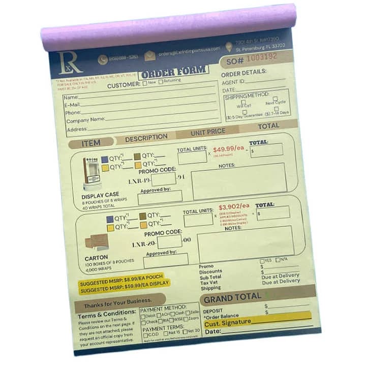 Business invoice documents prepared for a stationery wholesale range