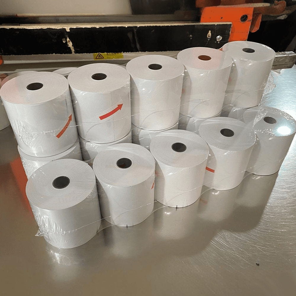 Blank thermal paper rolls in common POS and receipt formats